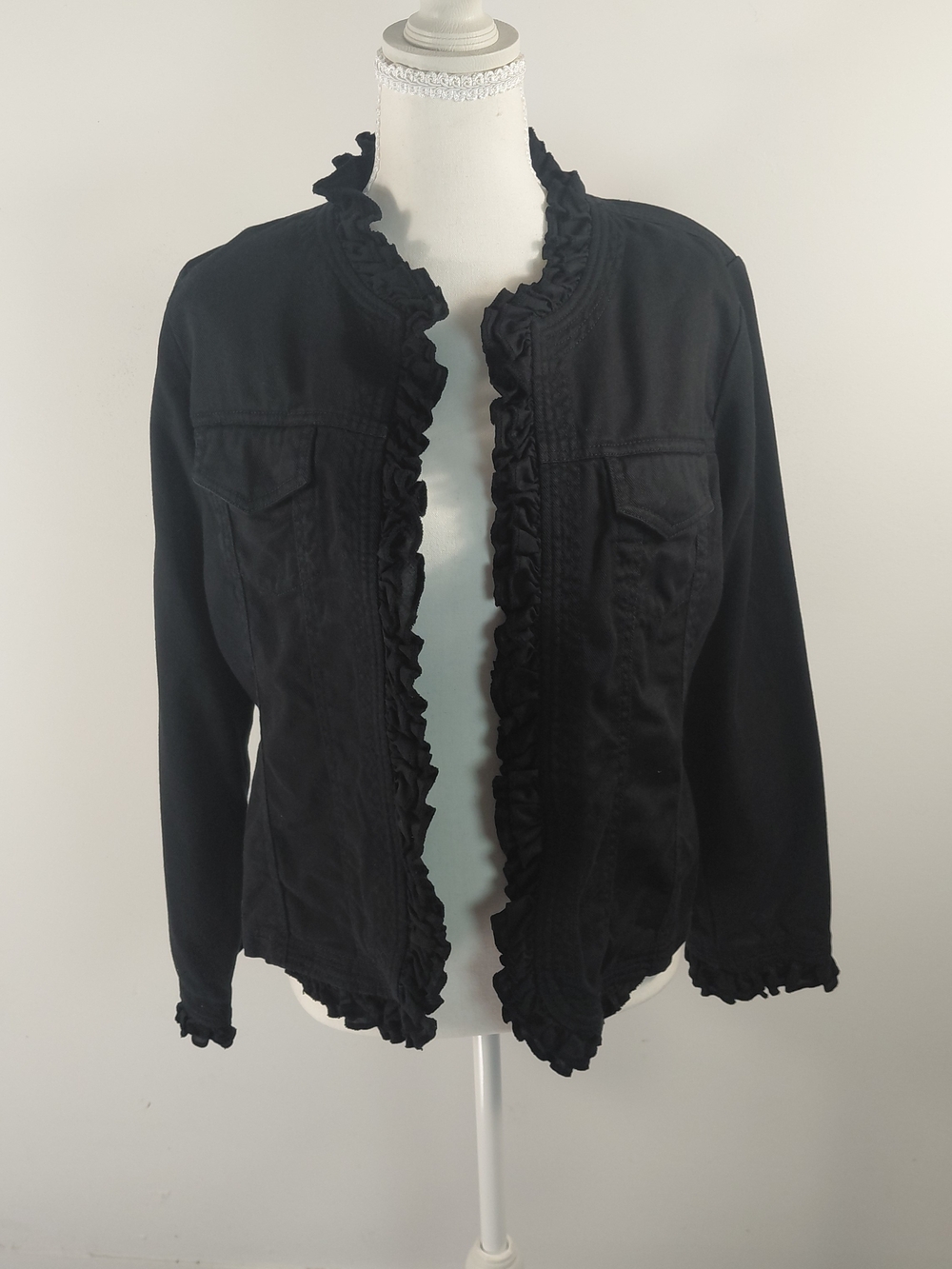 Women's Black Ruffle-Trim Open Shrug Jacket Sz M